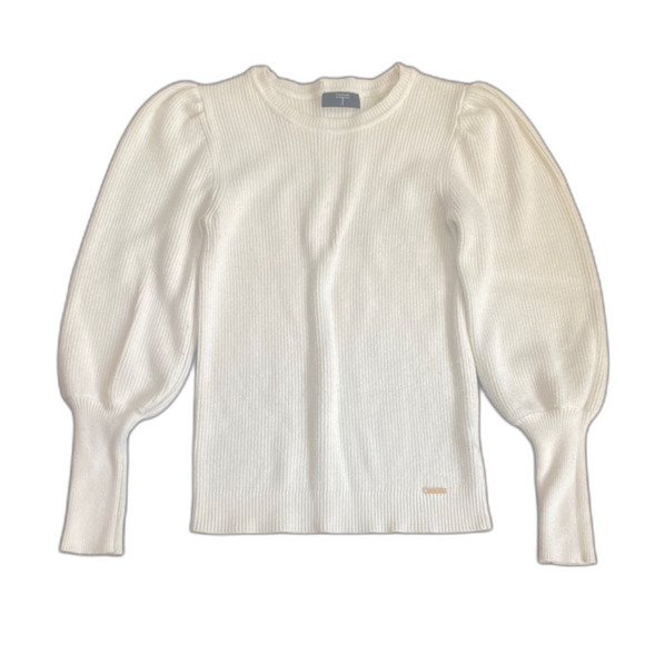 Tahari White Crew Neck Sweater Puff Sleeve - Picture 1 of 7